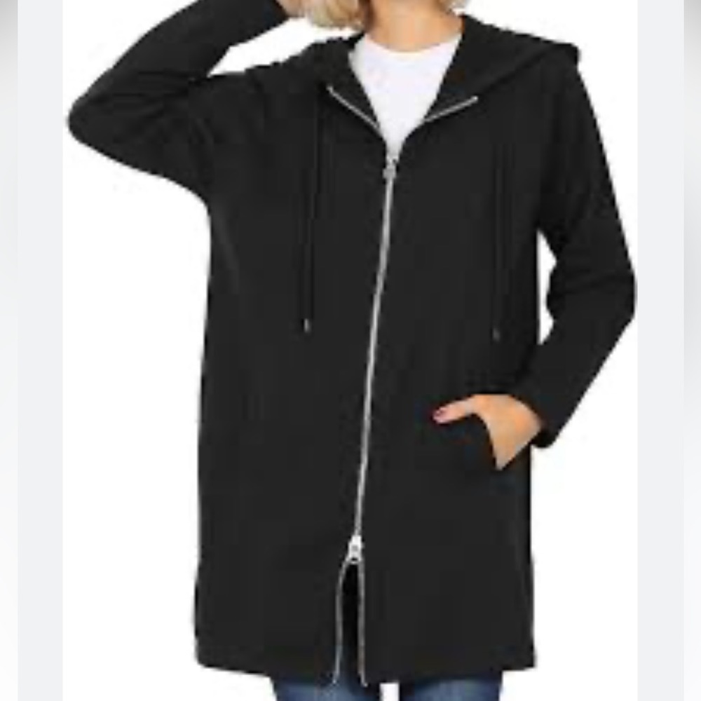 GAP Hooded Black Fleece Zip Front Thigh Length Coat Size S
